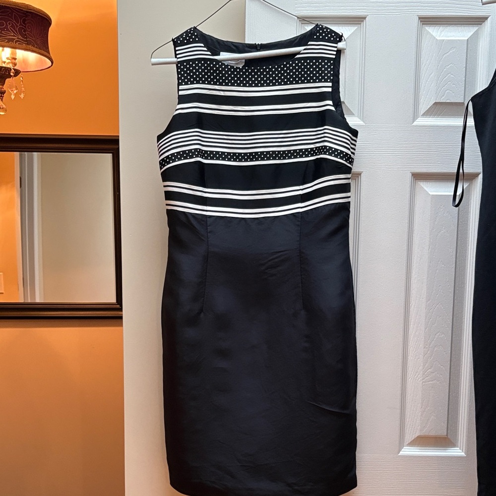 Talbots SILK Midi dress Black and White Striped Size 10 lined sleeveless silk
